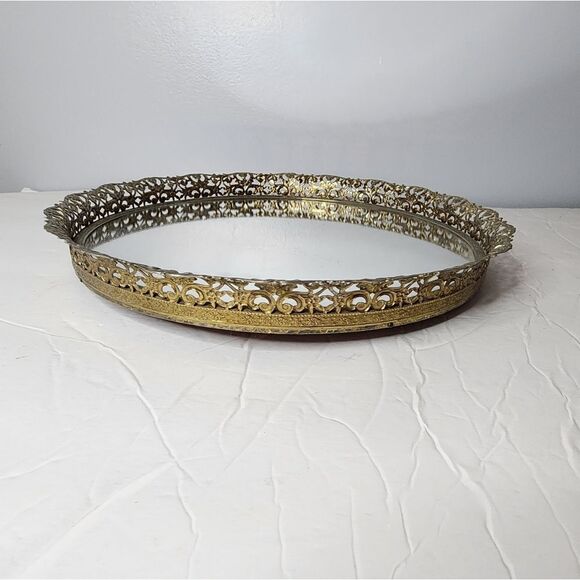 50s/60s Round Mirrored Hollywood Regency Gilt Vanity Tray - Picture 1 of 4